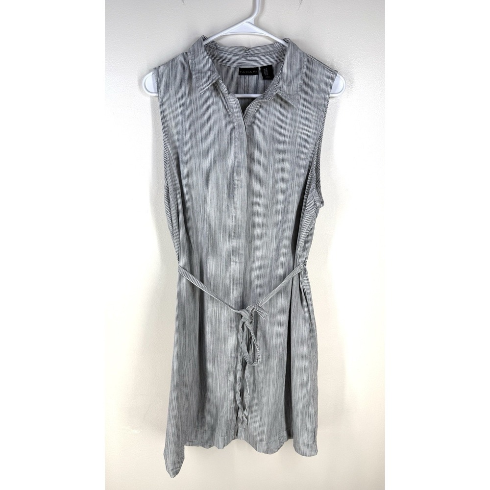 Tahari Cotton Stripe Sleeveless Dress Covered Buttons Elastic Waist Collared